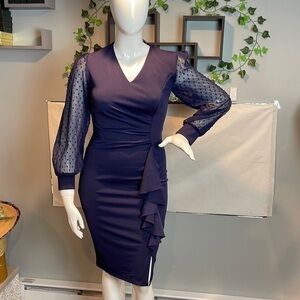 Curlbiuty Pencil Swiss Dot Ruched Long Sleeve Cocktail Dress‎ Size L RefJ029